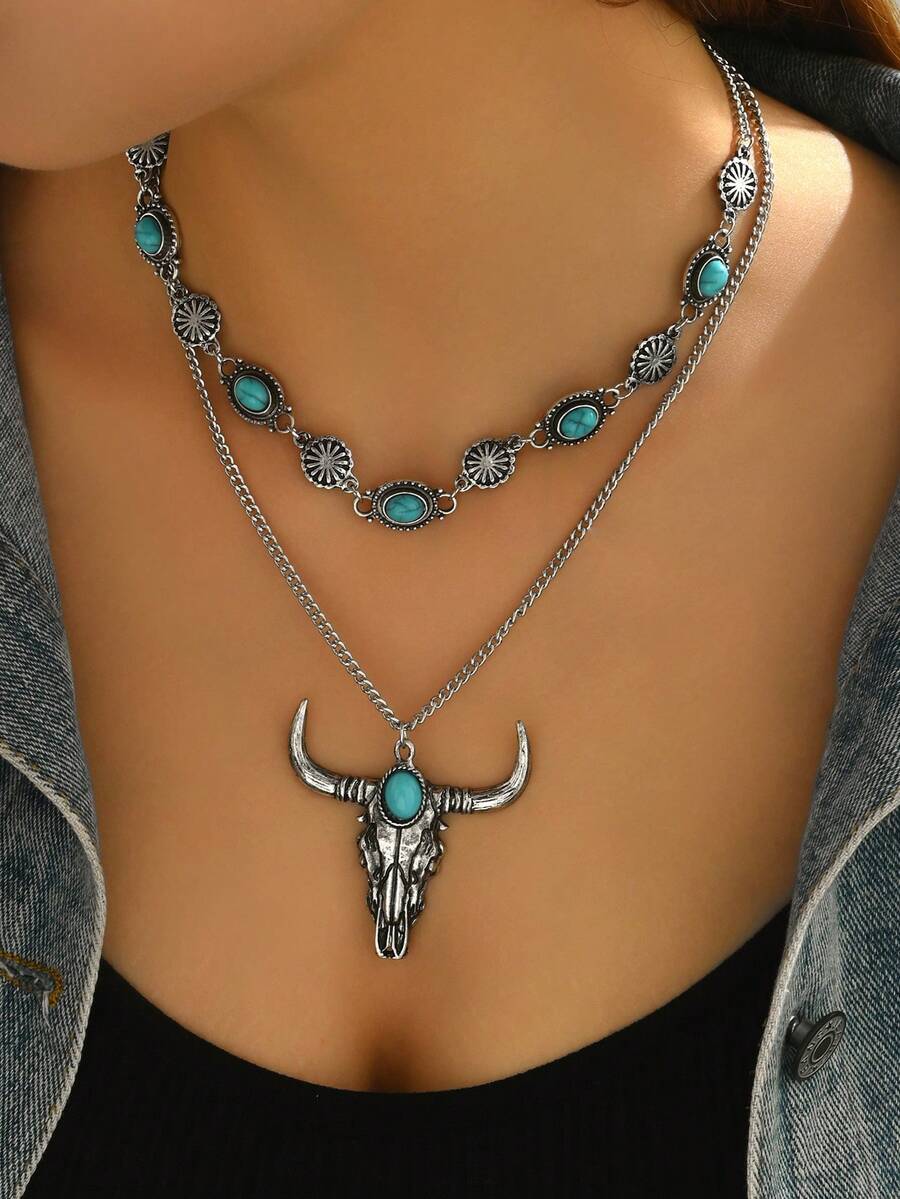 1 件复古西部牛仔风格牛头吊坠项链，适合女士，搭配椭圆形仿绿松石，双层流苏颈链，创意配饰 - 復古銀色 - 查看 1