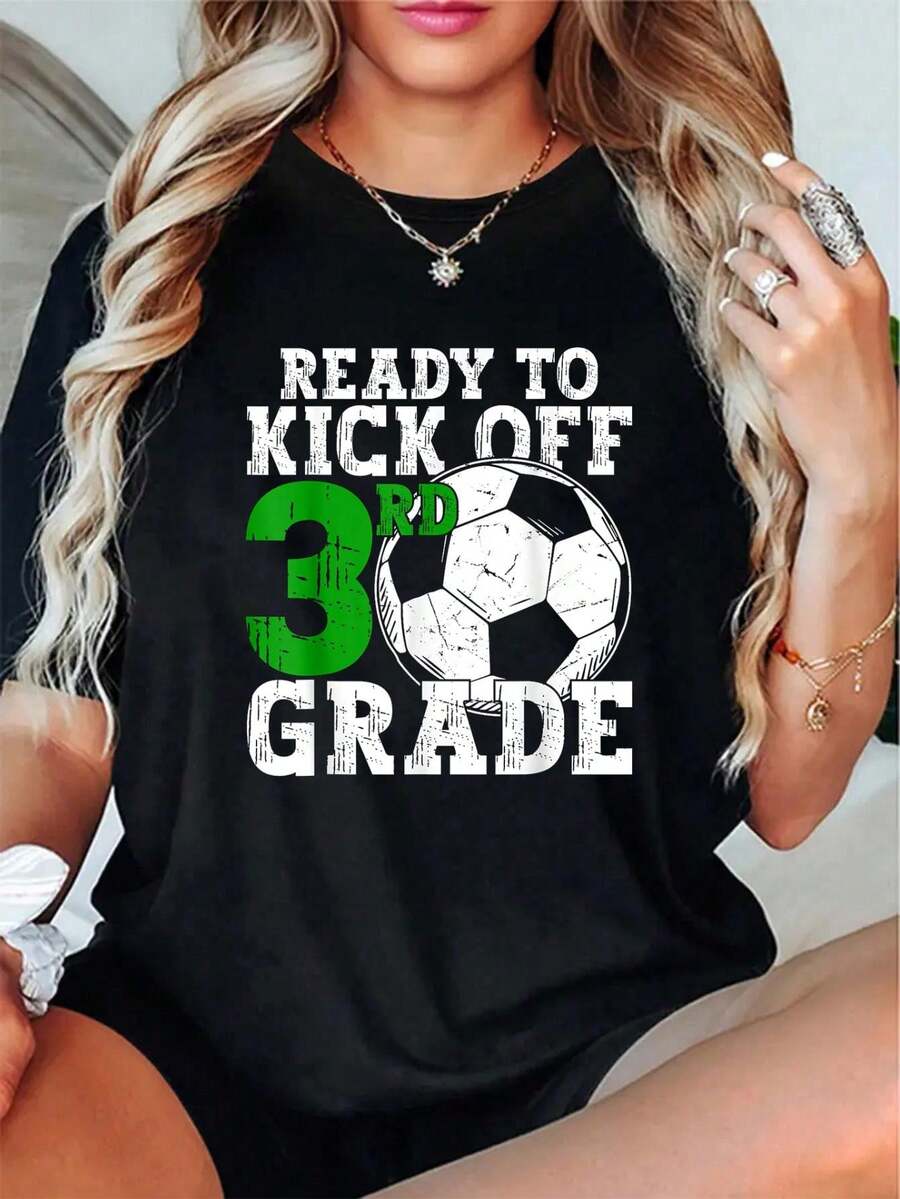 Third Grade Ready To Kick Off Kids First Day Of School T-Shirt  - Graphic Tees Festival Outfits For Women, Tops For Summer, Top De Mujer Women Summer Clothes - 黑色 - 查看 1