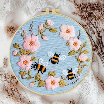 1 件刺绣套件，20x20cm/7.9x7.9 英寸，手工 DIY 刺绣套件，带蜜蜂和粉色花朵，适合成人初学者，包括绣花布、说明书、绣花框和针线，适合朋友或家人的礼物、家具、办公室手工艺术品