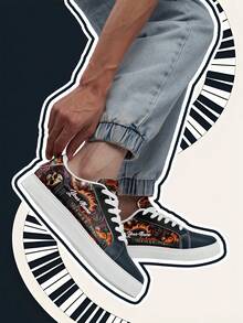 [Rock Music Festival Theme] Custom Name Low-Top Sneakers, PU Upper Panel Shoes, Skull And Guitar Flame Print, Lightweight Unisex All-Season Casual Wear