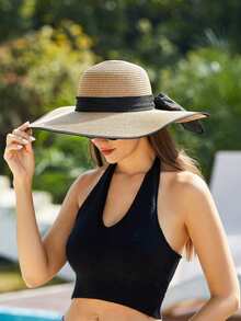Sombrero de ala ancha para mujeres Sombrero de paja cómodo y elegante con lazo sombrero de playa de verano proteccion solar moda - Negro - Ver 6