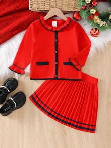 BOARNSEORL 2 件套年轻女孩针织开衫上衣和百褶裙套装，红色，优雅，适合圣诞派对、婚礼、典礼 - 紅色 - 查看 2