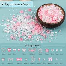 600Pcs 3D Multi Shapes Nail Charms And Flatback Pearls, White Mix Styles Heart Bow Sunflower Embellishments Nail Art, And Decoration With Glue Gel, Tweezer And Pickup Pencil - Bộ 1 - Trắng & Hồng + Keo dán - Xem 4