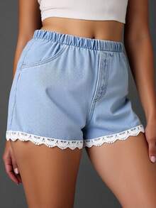 1pc Girls' Casual Comfortable Outdoor Versatile Cute Lace Trim Denim Shorts - Medium Wash - View 8