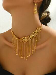 Set de 3 bucăți de colier și cercei cu ciucuri, placat cu aur, de epocă, cu design de flori goale, elegant pentru femei, potrivit pentru nunți și petreceri