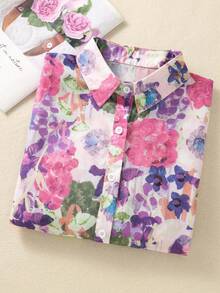 Plus Size Women's Short Sleeve Button-Down Shirt, All-Over Floral Print, Collared - Casual Daily, Festive, Travel Shirt Suitable For Spring, Summer, Autumn Evenings Pink - Pink - View 3