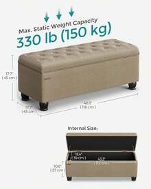 Storage Ottoman, Storage Bench, Tufted Entryway Bedroom Bench, 17.7 X 46.5 X 17.7 Inches, Hinges Easy Lid Operation, Wooden Legs, Linen-Look Cover, Loads 330 Lb, Camel Brown ULOM070K01,8059561 - 卡其色 - 查看 1