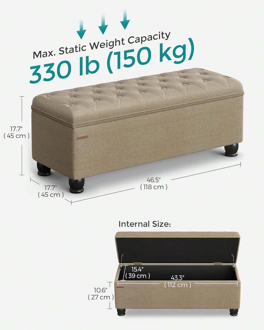 Storage Ottoman, Storage Bench, Tufted Entryway Bedroom Bench, 17.7 X 46.5 X 17.7 Inches, Hinges Easy Lid Operation, Wooden Legs, Linen-Look Cover, Loads 330 Lb, Camel Brown ULOM070K01,8059561 - 卡其色 - 查看 1
