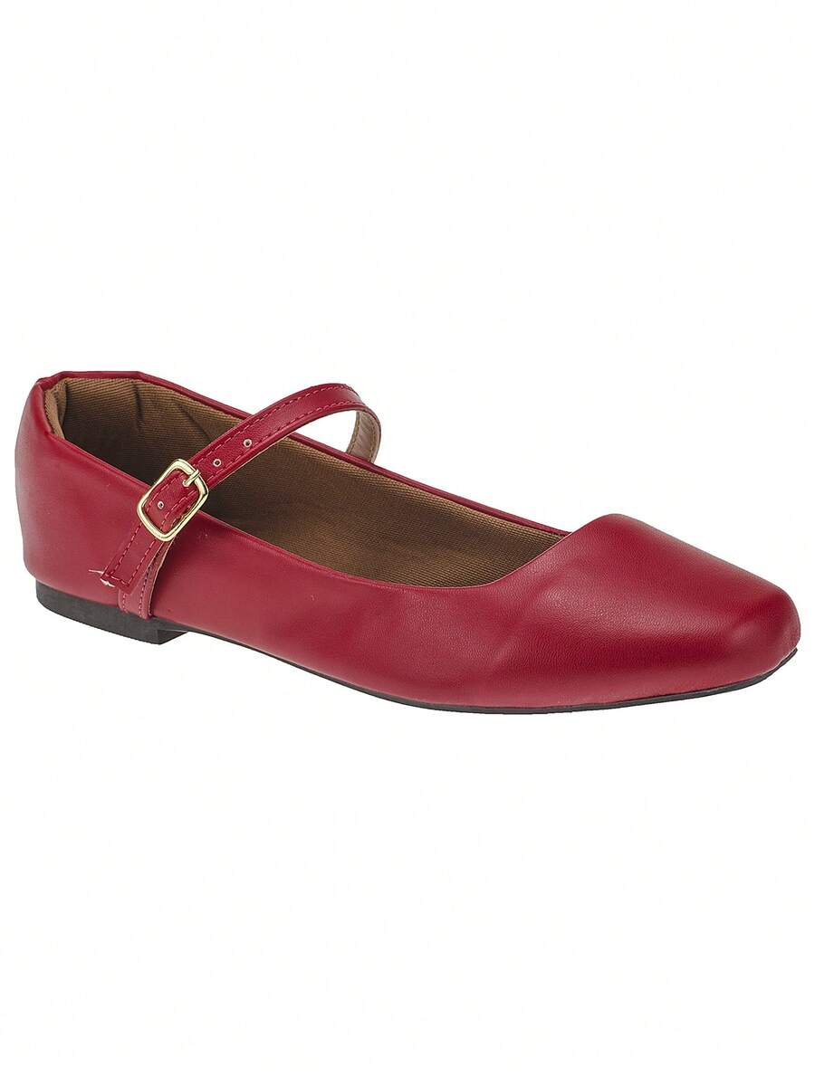 Women's Doll Shoes With Buckle Closure And Flat Heel Women's Basic Mary Janes Style Flats - Red - View 1