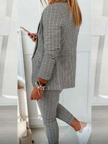 Women's Temperament Casual Checkered Suit Jacket Pants Two-Piece Set