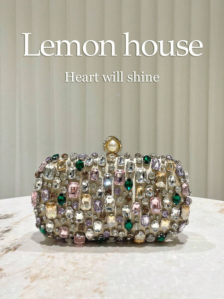 1 chiếc túi cầm tay đính đá lấp lánh màu vàng, túi dự tiệc đính đá cao cấp, ví dự tiệc hình hộp thanh lịch dành cho quý cô, thích hợp cho các sự kiện trang trọng như đám cưới, dạ tiệc, tiệc cocktail