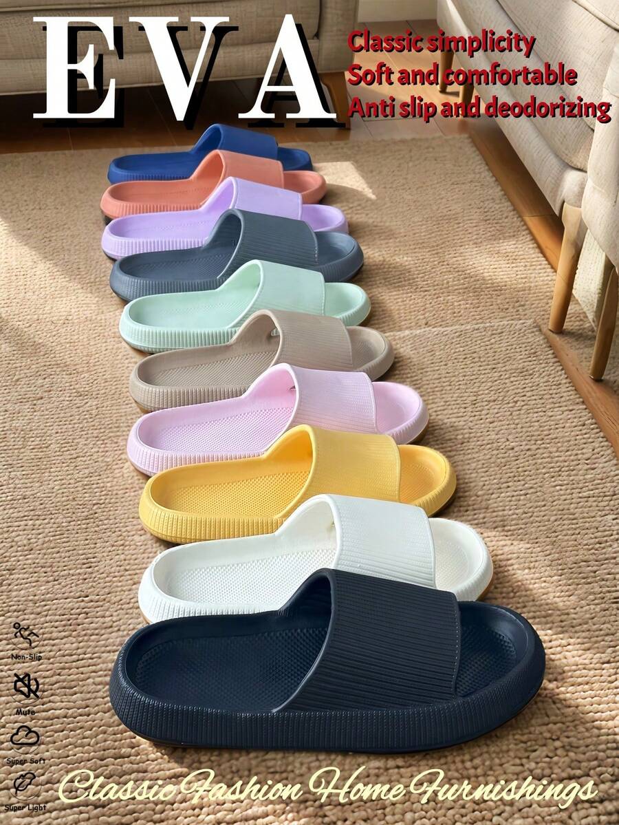 New Fashionable Minimalist Men's Slippers, Suitable For Casual Daily Wear, Versatile And Practical. Thick Sole, Breathable And Soft, Comfortable To Wear. Made Of EVA Material, Anti-Bacterial, Quick-Drying And Super Shock-Absorbing. Suitable For Beach, Outdoor, Indoor, Bedroom, Bathroom And Other Occasions, Stylish Slippers For Men And Couples, Also Can Be Used As Bathroom Slippers. - Multicolor - View 1