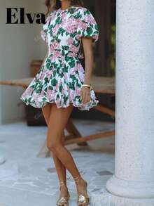ELVA Women's Floral Print Peasant Ruffle Backless Mini Dress With Bubble Sleeves, Suitable For Vacation, Back To School Season, Concert