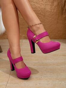 Ladies' Elegant Thick Heel High Heels, Elegant Solid Color Mary Jane Shoulder Strap Casual Shoes, Comfortable Office Shoes - 玫紅色 - 查看 4