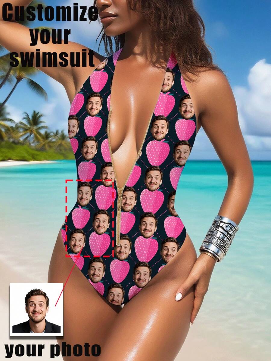 1 pieza Traje de baño personalizado para mujer, con diseño facial personalizado, con cremallera y espalda descubierta, de cintura alta y sin mangas, sexy y femenino, adecuado para piscina, playa y vacaciones, traje de baño para niñas