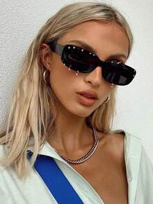 1 件装矩形时尚眼镜，带耳钉，个性化，赛博朋克风格，Y2K 未来科技眼镜，适合日常佩戴、街头摄影、度假派对、旅行、音乐节、装饰、返校校园风格，矩形墨镜