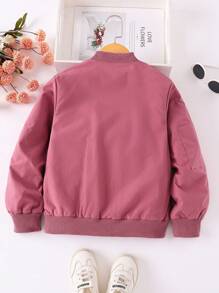 女童时尚长袖圆领风衣夹克，适合大龄少女的休闲简约外套，春秋季 - 玫紅色 - 查看 1