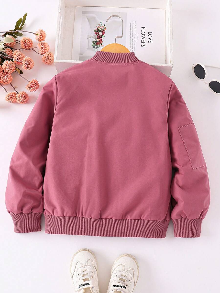 女童时尚长袖圆领风衣夹克，适合大龄少女的休闲简约外套，春秋季 - 玫紅色 - 查看 1