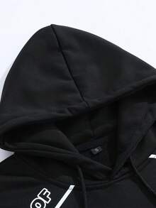 男士针织连帽长袖卫衣，带口袋，宽松套头衫，适合春秋季、健身房锻炼、户外跑步、摩托车骑行等运动，字母印花休闲街头黑色运动款 - 黑色 - 查看 3