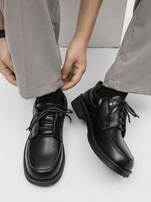 复古圆头厚底男士正装鞋，系带英伦风格正装鞋，时尚耐用休闲皮鞋，适合男士派对、婚礼 - 黑色 - 查看 5