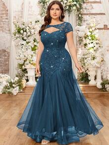 Elegant Sequin Floral Lace Contrast Color Mesh Ruffle Hem Maxi Dress, Suitable For Evening Gala, Homecoming, Wedding Guest, Birthday, Graduation Ceremony And Other Occasions - Dusty Blue - View 6