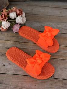 女士平底亚麻凉鞋，蝴蝶结一脚蹬夏季橙色舒适拖鞋，经典圆头，夏季可爱波西米亚风格