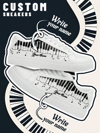 [Muziekfestivalthema] Lage sneakers met aangepaste naam, schoenen met PU-bovenpaneel, pianoklavierprint, unisex casual kleding voor alle seizoenen