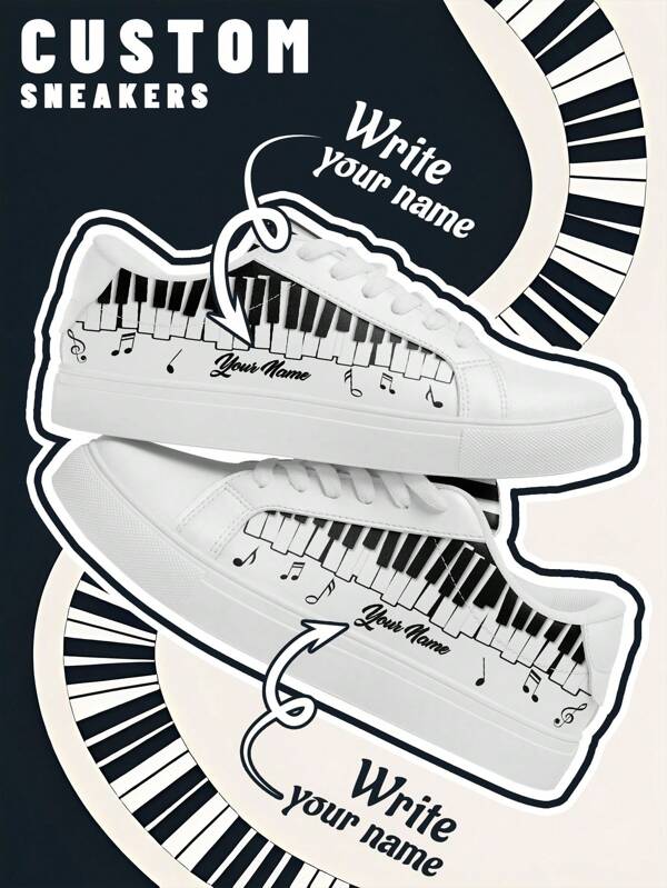 [Music Festival Theme] Women's Custom Name Low-Top Sneakers, PU Upper Panel Shoes, Piano Keyboard Print, Unisex All-Season Casual Wear