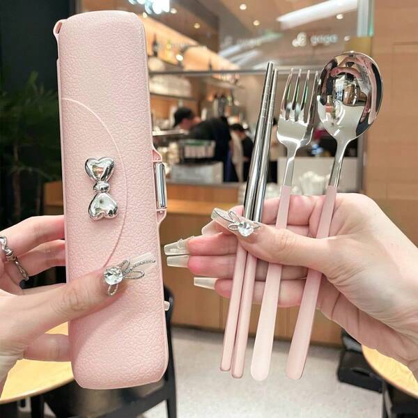 4 In 1portable Travel Bow Tie Cutlery Set, One Person With Box: Stainless Steel Fork, Spoon, Knife, And Chopstick Set, 304 Stainless Steel Adult And Student Cutlery Three Piece Set Convenient, Thick Plate