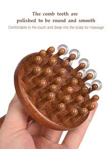 1 件天然檀香宽齿按摩梳，带手柄，圆头，适用于头皮、身体、背部、颈部、肩部和腹部按摩，小巧便携，适合返校、旅行度假必备，女士发饰 - 棕色 - 查看 3