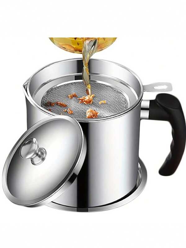 1/2pcs Stainless Steel Kitchen Grease Container With Strainer - Easy Pour Handle, Durable Cooking Oil And Grease Storage Jar, Food Strainer, Essential Kitchen Accessories For Home Or Restaurant Use, Kitchen Grease Can Oiler