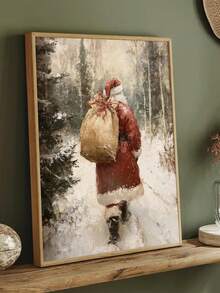 1pc Vintage Santa Claus Sketch, Santa Claus Backpack Wrapped Canvas Poster, Retro Santa Wall Art, Vintage Santa Reindeer Print, Rustic Christmas Printables, Santa Claus Painting, Bedroom Decor, Living Room Decor, Office Decor Home Decor Christmas Decorations