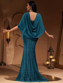 Nuevo vestido de noche elegante y de lujo de alta gama para mujer con mangas de chifón, encaje y aplicaciones de lentejuelas, adecuado para bodas y banquetes (el tamaño es pequeño, se recomienda a los clientes que verifiquen el tamaño al hacer el pedido)