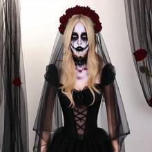 1pc Halloween Simulation Rose Flower Headband, Black Veil Headband, Black Veil Headpiece, Costume Accessory For Valentine's Day Party, Bridal Red Rose Veil