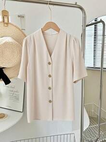 Freeform Reminder: (Recommend Choosing One Size Smaller As The Size Runs Large) New Spring/Summer Women's V-Neck Shirt, Autumn/Winter Blouse, Elegant Business Casual Vacation High-Quality Versatile Slim Cute Top, Retro Korean Style - White Brown - View 4
