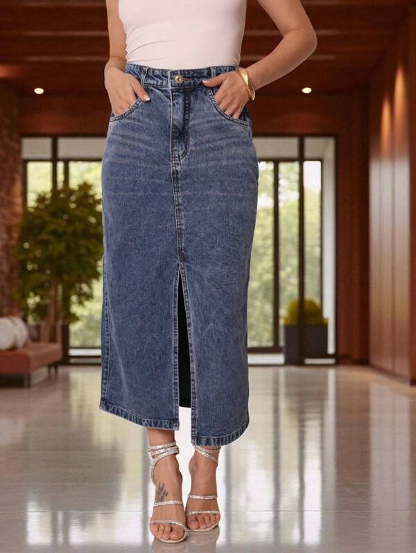 Saia jeans modelo fenda cintura alta tecido esbranquiçados nova 2025
