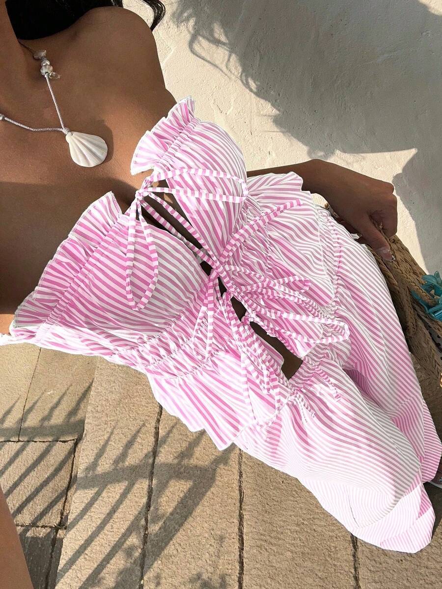 2pcs/Set Women Striped Pants And Striped Front Tie Ruffle Hem Crop Top, Pink