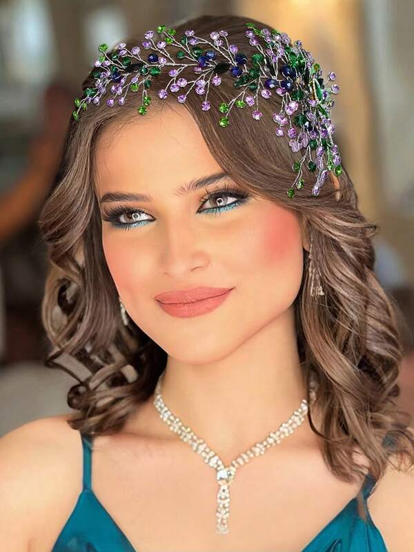 1 buc. Bentiță de mireasă lucrată manual, cu strasuri în culori contrastante, pentru ședință foto pe peluză, accesoriu pentru rochie de mireasă pentru femei