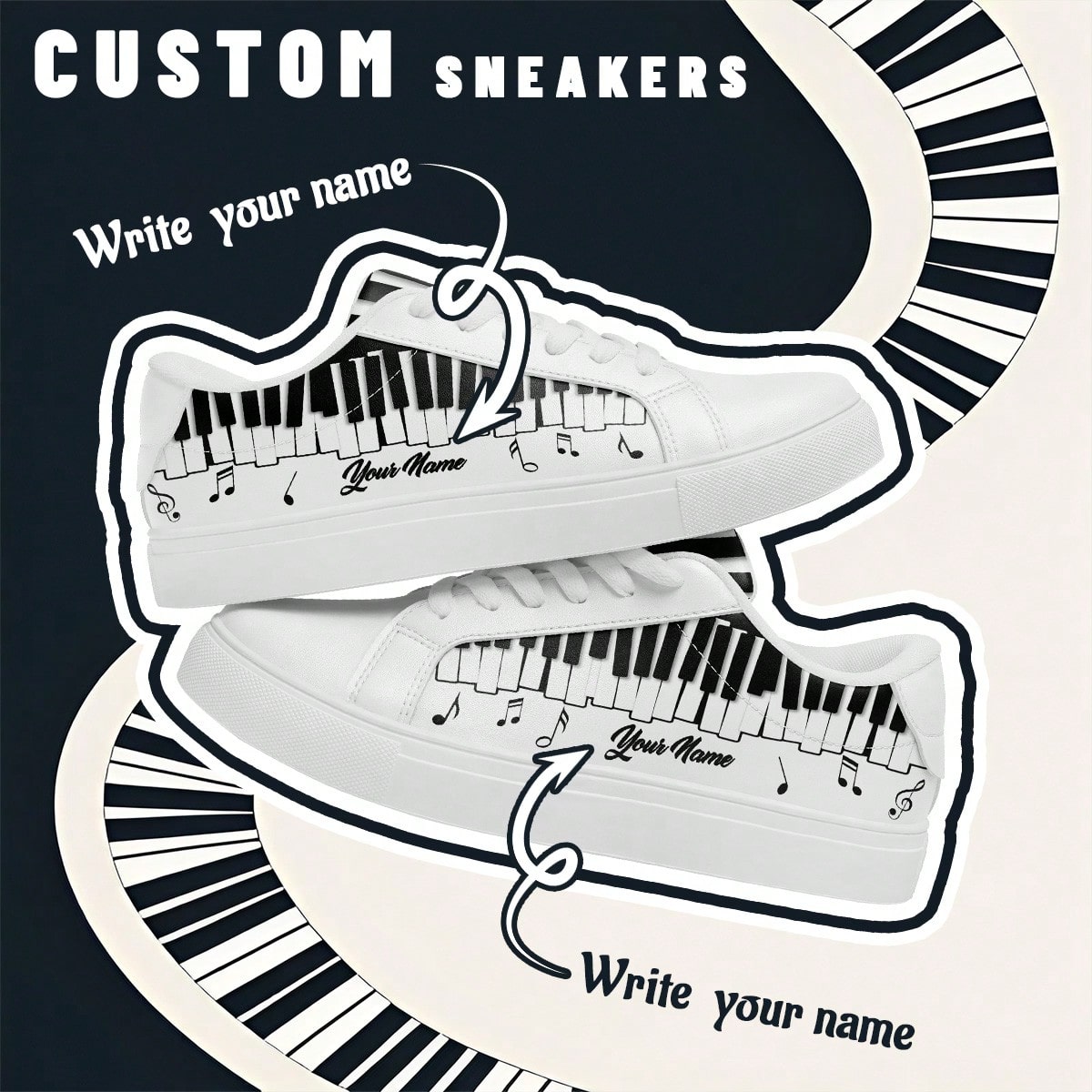 [Music Festival Theme]Men’s Custom Name Lightweight Low-Top Sneakers, PU Leather Panel Shoes, Piano Keyboard Print, Unisex All-Season Casual Wear
