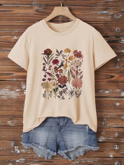 Women's New Round Neck Short Sleeved Plus Size Summer, Casual Style Printed Plus Size Round Neck T-Shirt, Sweet And Gentle Temperament, Slim And Comfortable Summer Tops, Suitable For Daily Casual Wear, Graphic Tees Women, Khaki Colored Top, Summer For Women