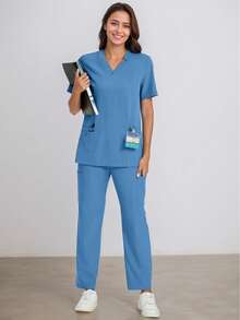 Conjunto de uniforme de uniforme de manga curta e calça de cor sólida - Azul - Ver 4