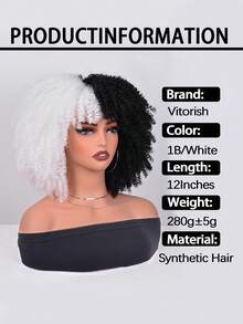 Short Afro Kinky Curly Wig With Bangs Synthetic Wig Curly Afro Wigs For Women Black Wig Brown Gold Gradient 12 Inch Replacement Wigs Party Use Natural Cosplay Wigs - Black and White - View 4