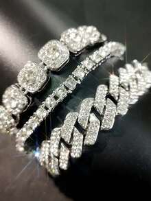 3pcs Set Shiny Cuban Link Bracelets, Unisex Hiphop Bracelets, Great Gift For Thanksgiving, Christmas, Birthday Party - Multicolor - View 5