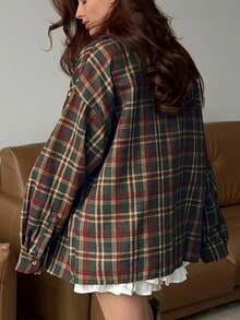 1 szt. poliestrowa kurtka w kratę z kieszenią z przodu, na guziki, do noszenia na co dzień na wiosnę i jesień