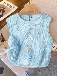 新款刺绣网纱欧根纱时尚半透明女士休闲上衣 - 藍色 - 查看 2