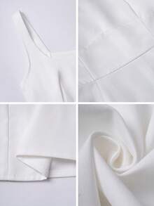 Vestido branco casual feminino com decote quadrado, alças finas e amarração na cintura, ideal para encontros, férias, volta às aulas e outras ocasiões. - Branco - Ver 11