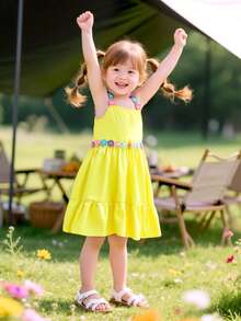 2025热销女童连衣裙，新款夏季可爱甜美花卉刺绣装饰黄色无袖吊带连衣裙 - 黃色 - 查看 4