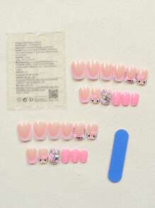 24 件/套短方形法式指甲贴白色图案，可爱 Sanrio Hello Kitty 3D 花卉珍珠闪光设计，适合日常佩戴、派对，包含 1 件果冻胶和 1 个指甲锉