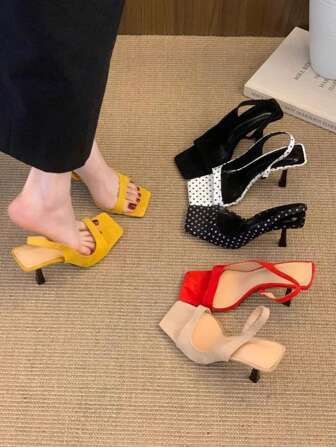 Nuovi sandali estivi eleganti con tacco alto e punta aperta, perfetti per feste e versatili con abiti, caratterizzati da una cinturino sottile e punta quadrata.