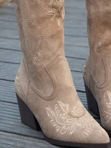 Women's Pointed Toe Thick Heel Floral Embroidery Mid-Calf Boots, Slip-On Western Cowboy Style, Fashionable Outdoor Boots, Autumn/Winter,Cowboy Boots - Khaki - View 6